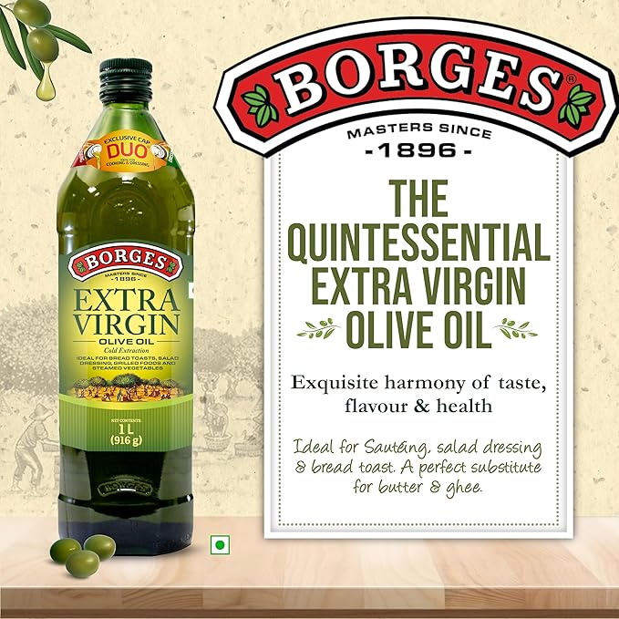 Borges Extra Virgin Olive Oil - 1L Glass |Unrefined &amp; Cold Pressed Oil|Packed in Spain |75% MUFA | Rich in Antioxidants | Ideal For low heat cooking like sauteing &amp; grilling, salad dressing