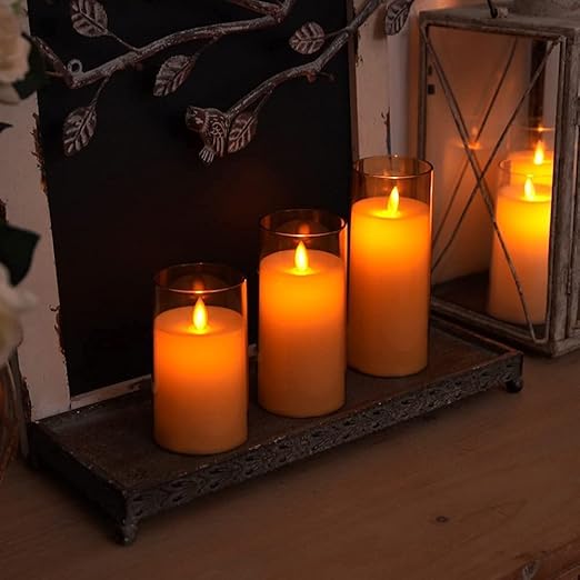 XERGY Acrylic Glass Battery Operated Flameless Led Candles (Pack of 3) Valentine&amp;#039;s Gift For Home Decor Romantic Ambiance Aesthetic Dinning Table Decor,Transparent