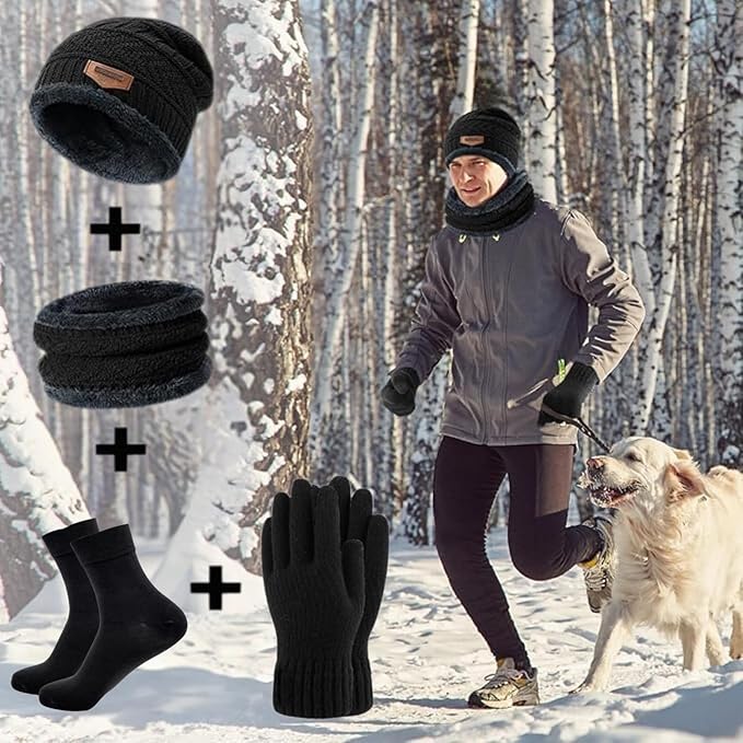 Winter Cap &amp; Muffler Set for Men | 4-in-1 Woolen Set with Warm Gloves &amp; Socks | Wool Cap/Topi for Men, Thermal Gloves, Accessories for Cold Weather, Snow Trips
