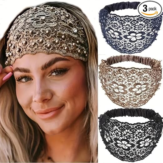 Melodio 3Pcs Lace Headband Set for Women, Wide Floral Pearl Lace Elastic Headband, Women's Fashion Hair Accessory, 3 Colors (Navy, Black, and Coffee)