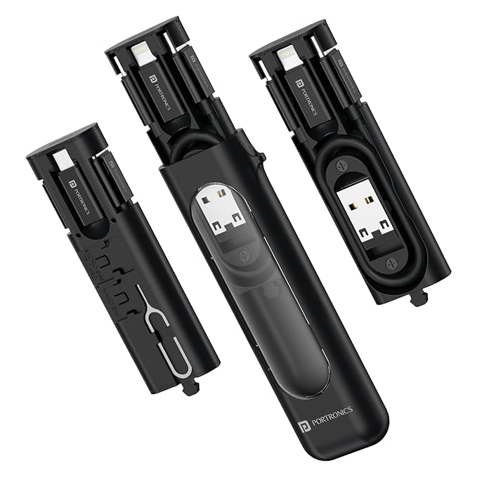 Portronics Snapcase 4 60W Multifunctional Fast Charging Data Cable Transparent Kit, Conversion Set USB A &amp; Type C to Male Micro/Type C/Lightning, Data Transfer, Sim Storage, Sim Eject Pin,Pocket Size