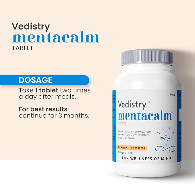 Vedistry Ayurvedic Mentacalm Tablets with Tagar, Arjuna, Brahmi, &amp; Ashwagandha for Wellness of Mind &amp; Hyperactivity | Ayurvedic Support for Stress and Anxiety Relief