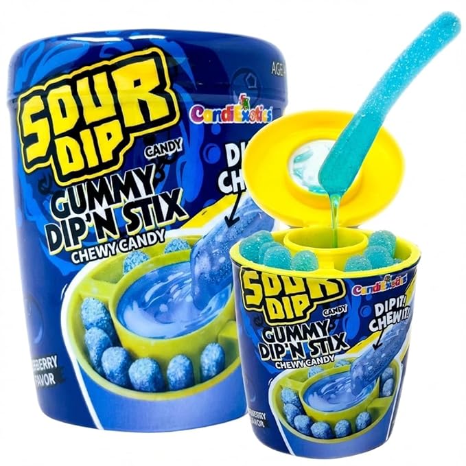 CandiExotics Sour Juicy Dip Gummy Candy Dip'N Stix Sweet &amp; Sour Chewy Candy For Kids Blueberry Flavor, Perfect For Parties &amp; Treats, 96 Grams