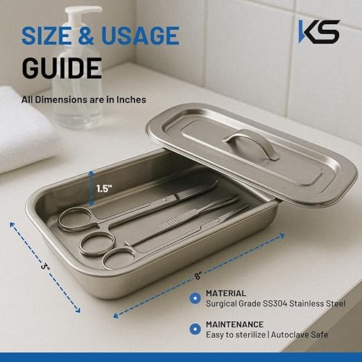 KS Stainless Steel Instrument Tray with Lid – Deluxe Quality SS304 Medical Tray for Hospitals, Clinics, and Surgical Use – Corrosion-Resistant, Sterilizable (8" x 3" x 1.5", Pack of 1)