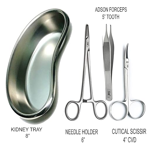Alis Surgical Instrument CE Needle Holder, Adson Forceps, Iris Scissor With Kidney Tray 8" | Suture Set &amp; Kidney Tray (Kidney Tray with Suturing Set), stainless steel