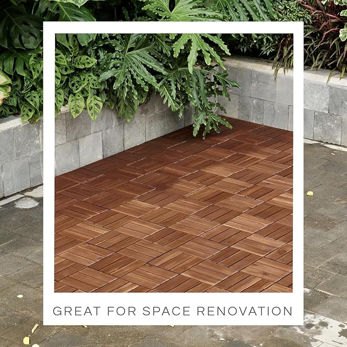 THYOI 10 Pcs Deck Tiles, Patio Flooring - Outdoor Waterproof Acacia Wood Tiles for All Weather Use - Balcony, Backyard, Indoor Outdoor (Dark Brown Crossed Pattern, 10 Square Ft)