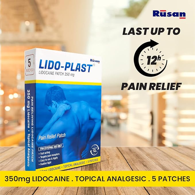 Rusan LIDO-PLAST Large Patch 350mg (5 Patches per Pack) | Lasts 12 Hours | Easy to Apply | Skin-Friendly | Extra Coverage | Feather Thin &amp; Long Lasting