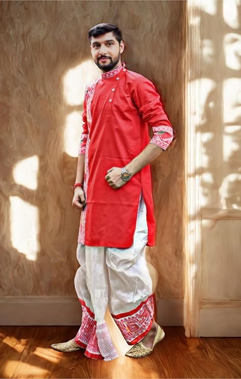 Gouri Collections Pure Cotton Full Sleeves Kurta with Dupion Silk Dhoti Pant Set