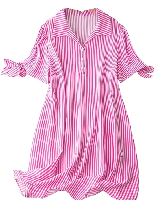 Leriya Fashion Striped Shirt Style Mini Dress for Women | Collared Casual A-Line | Tunic with Tie Sleeves Front Buttons