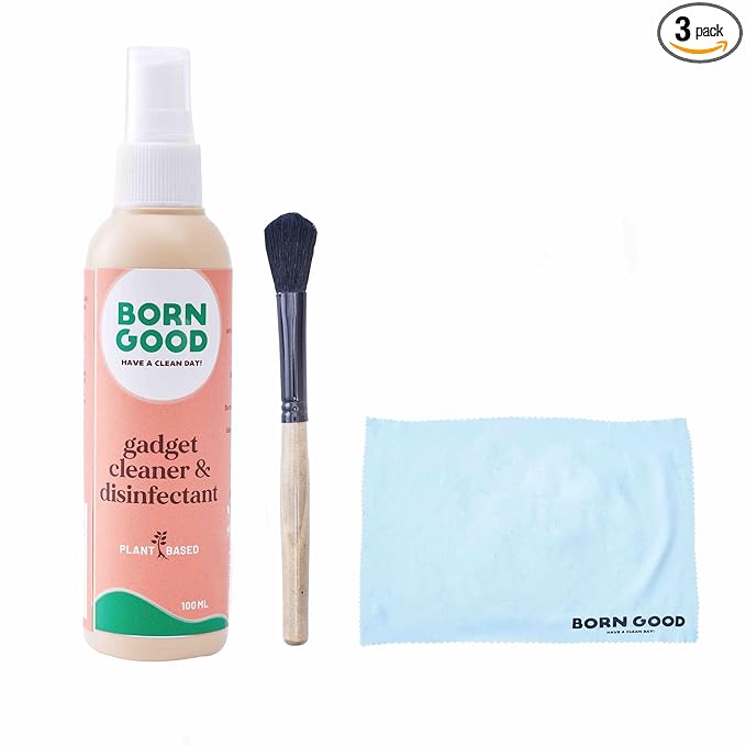 Born Good 3-in-1 Plant-Based Electronics &amp; Gadget Disinfectant Cleaner Kit for Laptop, Smartphone, Monitor, Tablet, Camera, TVs with 1 Microfiber Cloths &amp; Soft Brush