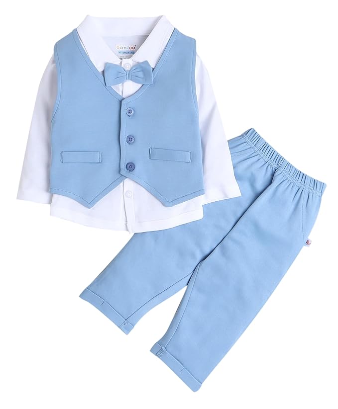 BUMZEE Powder Blue White Boys Full Sleeves Shirt Waistcoat Pant Set With Applique Bow (Peb9069):