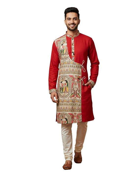 Gaurik Dresses Men Traditional Kurta withl Madhubani Art Panel, Long Sleeve, Festive Ethnic Wear