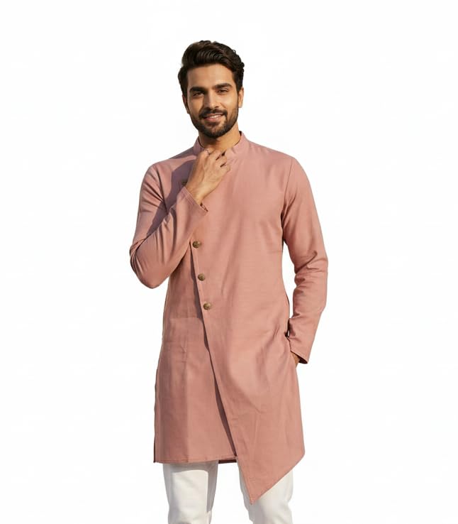 OOMPH! Men Ethnic Traditional Asymmetric Kurta | High Neck Full Sleeves | Traditional Indian Festive Kurta | Stylish Casual and Wedding.