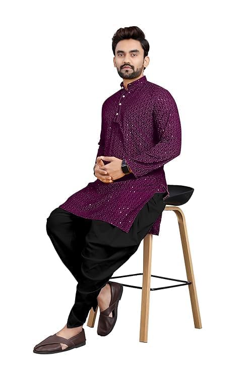 garviya fashion Mens Kurta with Embellished Detailing, Festive Ethnic Design, Traditional Craft Style Suitable for Weddings, Celebrations and Cultural Functions