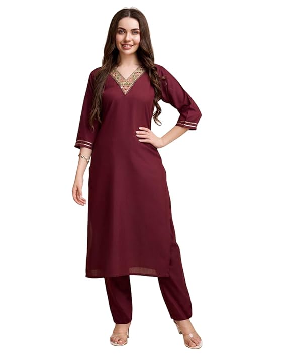 GALGOTO Women Pure Cotton Elegant V-Neck Long Kurti Pant Set with Embellished Neckline, Dark Green, 3/4 Sleeve, Traditional Indian Ethnic Wear