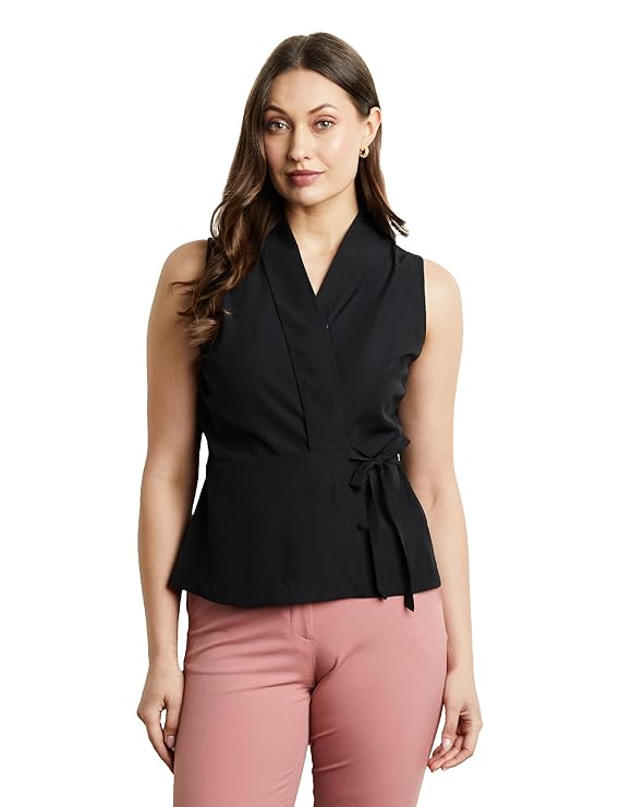 Symbol Premium Women Solid Sleeveless Wrap Top (Regular Fit | Desk-to-Dinner) (Available in Plus Sizes).