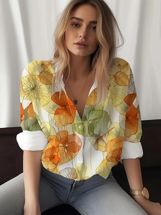 Gufrina Women Floral Printed Button Down Western Shirt with Collar Neck and Rolled-Up Long Sleeves in Relaxed Fit