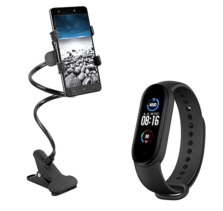 TechKing Smart Band 5 Fitness Band,Smart Battery Life, Color AMOLED Full-Touch Screen, Waterproof with Unique Portable Foldable Flexible Mobile Holder Lazy Stand for Table/Bed