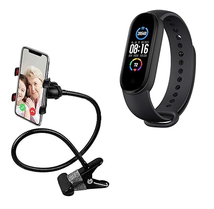 TechKing Smart Band 5 Fitness Band,Smart Battery Life, Color AMOLED Full-Touch Screen with Premium Metal Wire Flexible Multipurpose Lazy Neck Mobile Holder Stand for Desk/Table