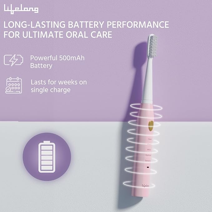 Lifelong Rechargeable Toothbrush for Adults - Smart Brush with 5 Cleaning Modes &amp; Smart Auto Shut-Off - Waterproof Electronic Toothbrush - 2 Electric Heads, 500mAh Long-Lasting Battery (Pink, LLDC135)