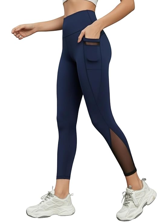 BLINKIN Women Girl Stretch Fit High Rise Track Pant Gym wear Mesh Leggings Workout Pants with Side Pockets/Stretchable Tights/Highwaist Sports Fitness Yoga Track Pants_2012