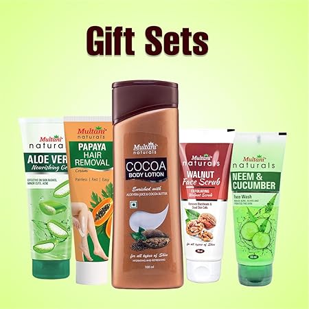 Multani Naturals Beauty Personal Care Gift Sets | Hair Removal | Body Lotion | Face Wash | Gel | Face Scrub - 5 Items in the set