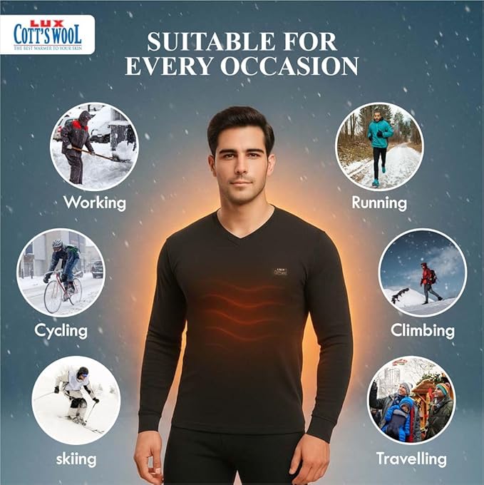 Lux Cottswool Men Cotton Thermal Set | Top Bottom Body Warmer | V-Neck Winterwear | Full Sleeves Snug Fit with Stay Warm Technology | Skin Friendly with Superior Heat Retention.