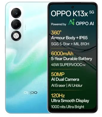 OPPO K13x 5G 6000mAh and 45W SUPERVOOC Charger &amp; AI (Breeze Blue, 128 GB) (6 GB RAM)