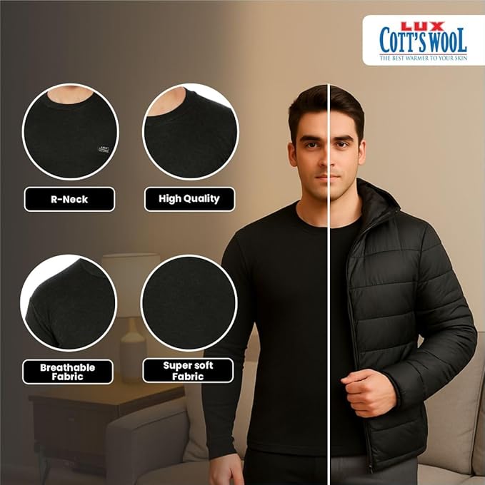 Lux Cottswool Men R-Neck Thermal Top and Lower Set | Streachable Winter wear with Stay Warm Stay Fresh Technology | Full Sleeves and Snug Fit | Cotts Wool Body Warmer Set for Men