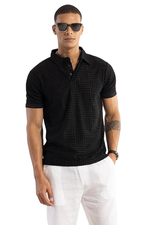 SNITCH Men T-Shirts | Textured Self-Design Slim Fit Polo T-Shirt | 100% Polyester, Buttoned Closure, Half Sleeve, Casual Wear, Street Wear, College Wear