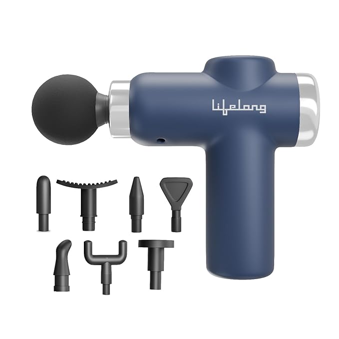 Lifelong Gun Massager for Pain Relief – 8 Massage Heads, 6 Speed Modes, Rechargeable, Quiet 20W Motor, Lightweight &amp; Portable Deep Tissue Massager for Back, Neck, Legs &amp; Travel Use