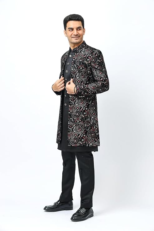 Men's Multicoloured Embroidered Indo Western 3 Piece Set - Designer Blazer with Black Inner and Trouser, Festive Ethnic Wear, Regular Fit