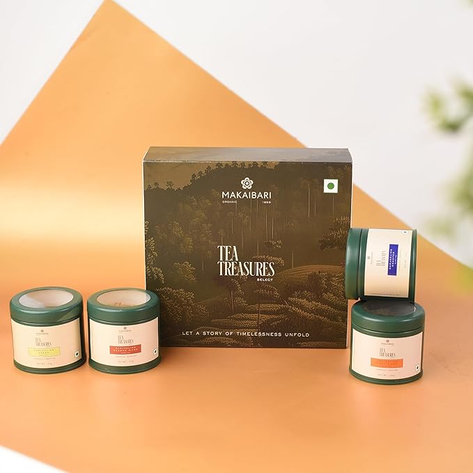 Makaibari Tea Treasures Select Gift Box 100g pack – A Curated Collection of Darjeelings Finest First Flush, Second Flush, Darjeeling Roasted, and Darjeeling Green Tea 25g each