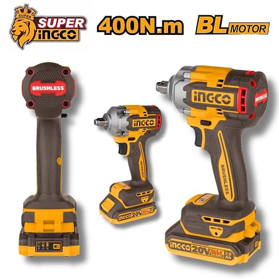 Ingco 1/2 Cordless Impact Wrench Kit, 400 N.m, 2 x 2.0 Ah Batteries, 10-Piece Socket Set, LED Work Light, 10-Piece Screwdriver bit