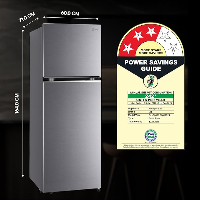 LG Smart Choice, 322 L, 3 Star, Frost-Free Smart Inverter Double Door Refrigerator (GL-S342SDSX, Dazzle Steel, Convertible with Express Freeze)
