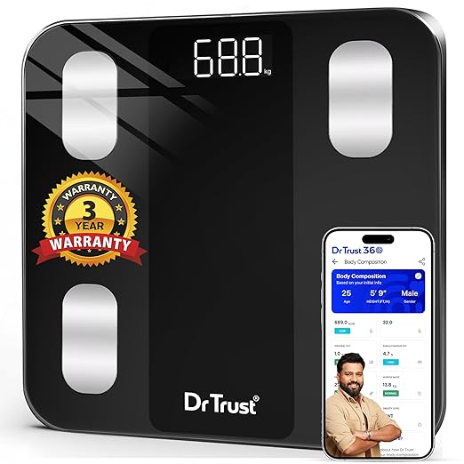 Dr Trust USA 526 Legend BMI Weight Scale &amp; Body Fat Analyzer with IOS/Android App Sync,14 Essential Composition Metrics Weighing Machine for Home Health Monitoring (Black)