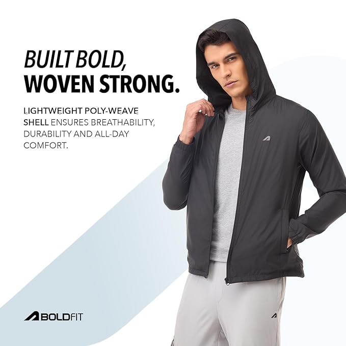 Boldfit Windcheater Jacket for Men, Lightweight Wind-Resistant with Reflective Bike Jacket for Man, Relaxed Fit-Stylish Windbreaker for Outdoor Biking