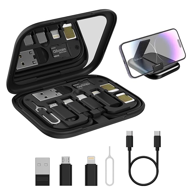 Portronics Snapcase 60W Multifunctional Fast Charging Data Cable Kit, Conversion Set USB A Type C to Male Micro/Type C/Lightning, Data Transfer, Sim Storage, Sim Eject Pin, Pocket Mirror, Phone Holder.