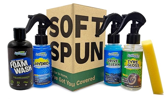SOFTSPUN Essentials Car Clean Wash Starter Kit - Made for Cars and Motorcycles 5 Piece Kit, Total 500ml, combined (Shampoo, Windshield Washer, Tyre Polish, Multi-Purpose Cleaner, 1 Foam)