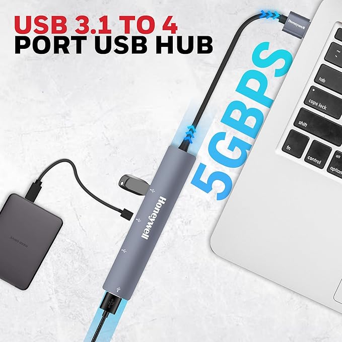 Honeywell Newly Launched 4-in-1 Ultra Slim USB Hub 1xUSB 3.0 3 x USB 2.0 Ports, 30cms Cable, Data Transfer Speed Upto 5GBPS,Universally Compatible with All USB, PC, Speaker ,Laptop, Hard Drive etc.