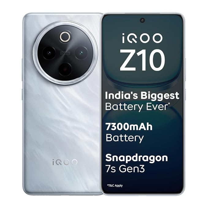 iQOO Z10 5G (Glacier Silver, 8GB RAM, 256GB Storage) | Indias Biggest Ever 7300 mAh Battery | Snapdragon 7s Gen 3 Processor | Brightest Quad Curved AMOLED Display in The Segment.