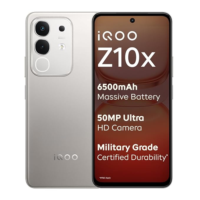 iQOO Z10x 5G (Titanium, 8GB RAM, 256GB Storage) | 6500 mAh Large Capacity Battery | Dimensity 7300 Processor | Military-Grade Durability