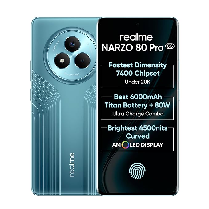 realme NARZO 80 Pro 5G (Racing Green,8GB+256GB) | Segments 1st MediaTek Dimensity 7400 Chipset | 6000mAh Titan Battery + 80W Ultra Charge | 4500nits Hyper Glow E sports Display | IP69 Waterproof