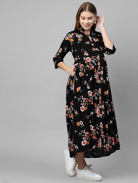 MomToBe Womens Rayon Maternity Dress/Pregnancy Dress/Easy Breast Feeding/Breastfeeding Dress/Western Dress with Zippers for Nursing Pre and Post Pregnancy