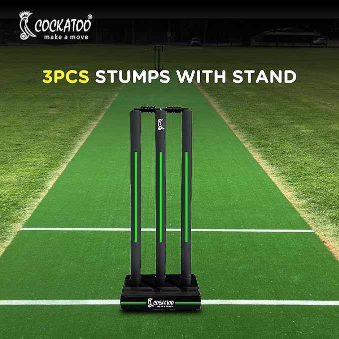 Cockatoo Premium Cricket Wicket Set l Heavy Duty Plastic l Fluorescent Green l Standard Size l 3 Stumps+2 Bails+1 Stand Set l Professional Quality for Cricket Ground, Match, and Tournament