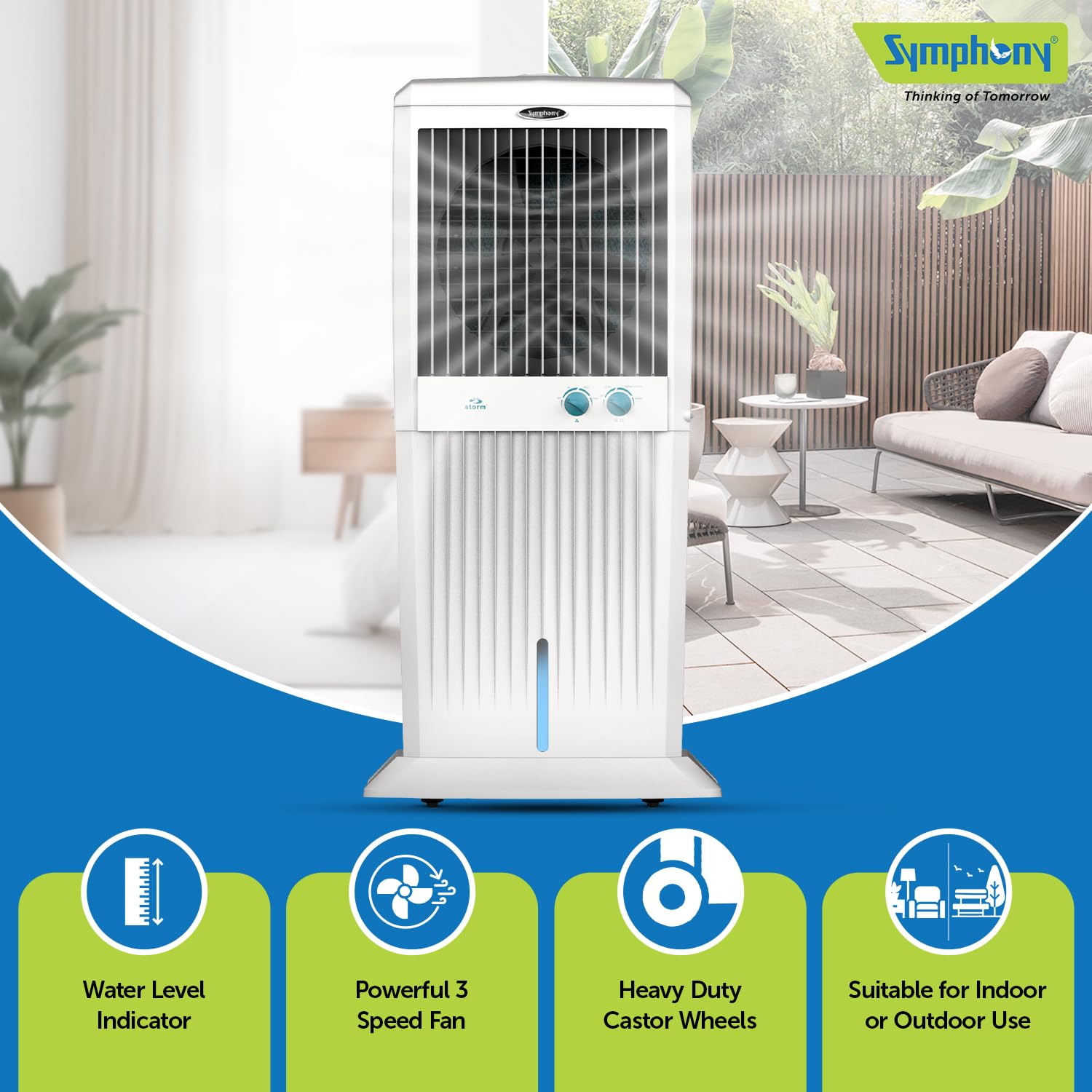 Symphony Storm C100 XL Desert Air Cooler | 3-Side Honeycomb Pads | Easy Fill | CFD Technology