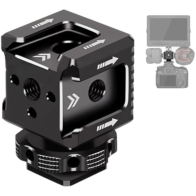Aluminium Alloy Triple Cold Shoe Extension Cube | 1/4 Screw Mount Multi-Interface Adapter for Camera, DSLR, Action Camera, Microphone, LED Light Accessories