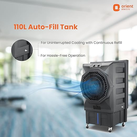 Orient Electric Stark 110 L Heavy Duty Commercial Air Cooler With 20 Fan | Aerofan Technology |High-Density Honeycomb Cooling Pads | Extra Powerful Air Throw Auto Water Refill Technology| Grey.