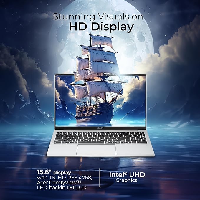 acer Aspire 3, Intel Pentium N6000, 12GB LPDDR4X RAM, 512GB SSD, HD, 15.6 39.62cm, Windows 11 Home, Pure Silver, 1.5KG, A325-45, Thin and Light Laptop