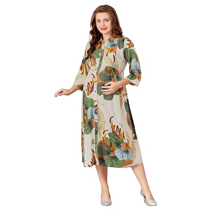 Lovely moms Multi-Leaf Printed Rayon Maternity Wear | Button 2-Sided Zipper with 3/4 Sleeve for Nursing Easy Breastfeeding Dress for Pre Post Pregnancy Womens